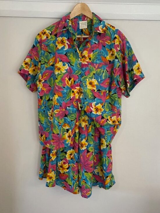 Marsh Mallow Pants - VTG 80's retro shorts and Shirt Set Floral loud colours. Marsh Mallow Med baggy